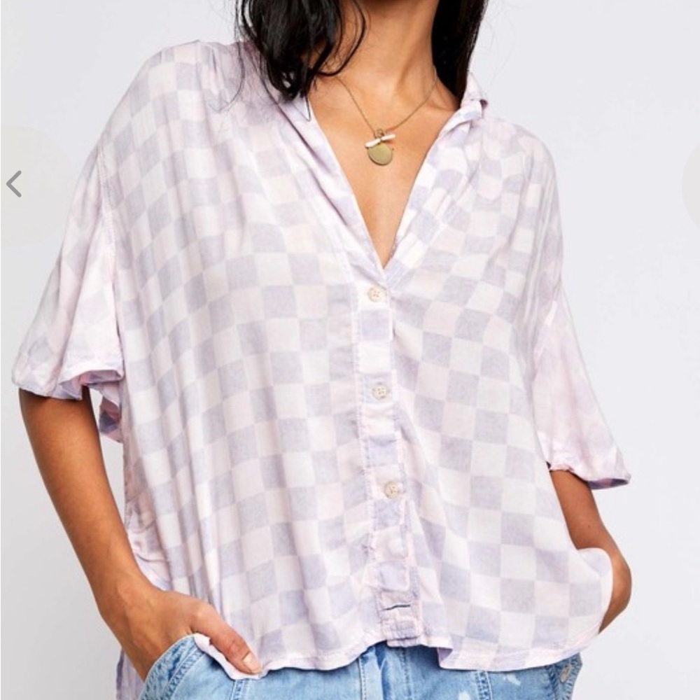 We The Free  Easy Livin Lavender Check Relaxed Button-Down Shirt Cotton Candy